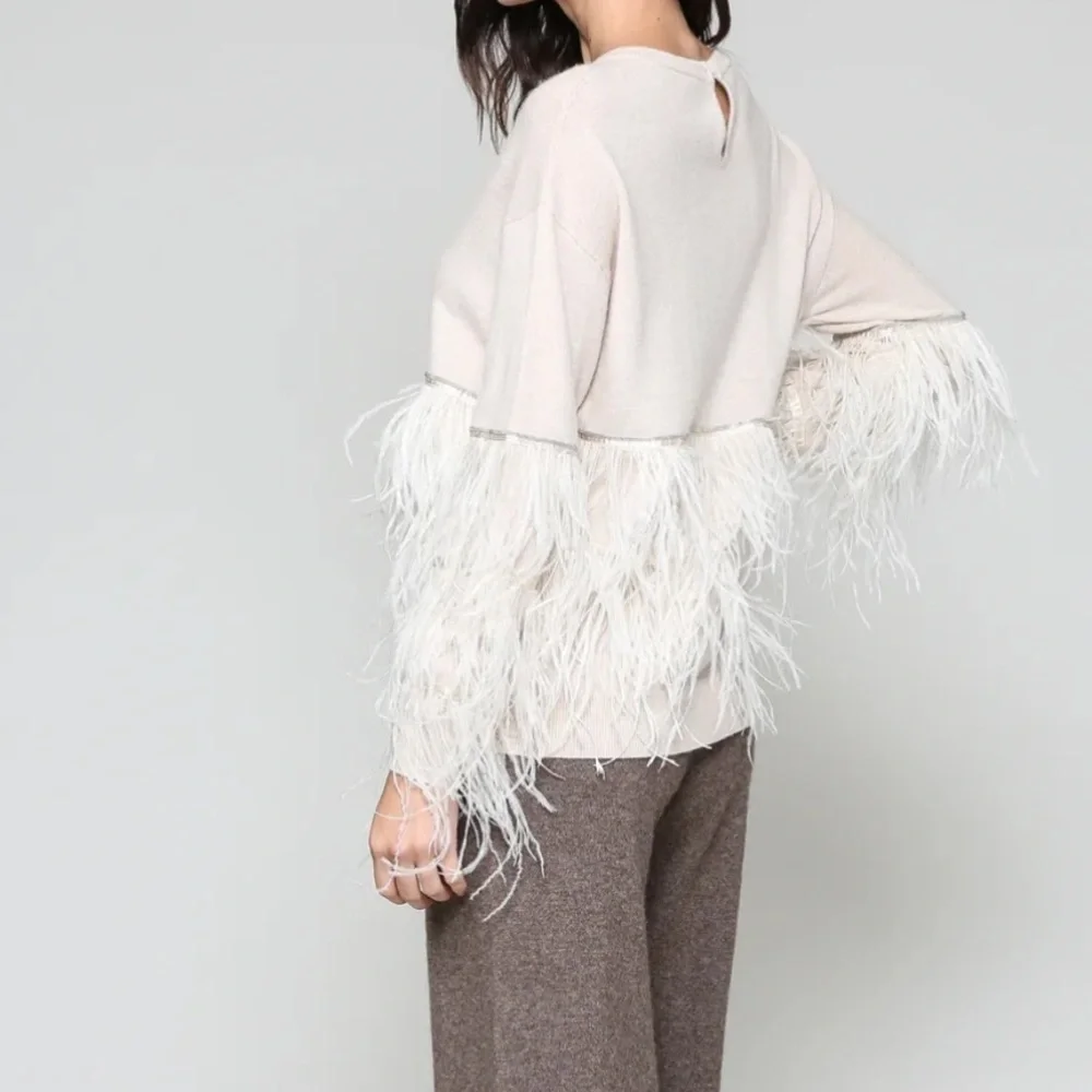 Joh Cashmere Blend Sweater Sally With Feathers (missing tags) Small Ecru *read